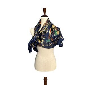 Large Chun Hua Scarf Multi Colored Carriage Equestrian pattern Blue 37x34
